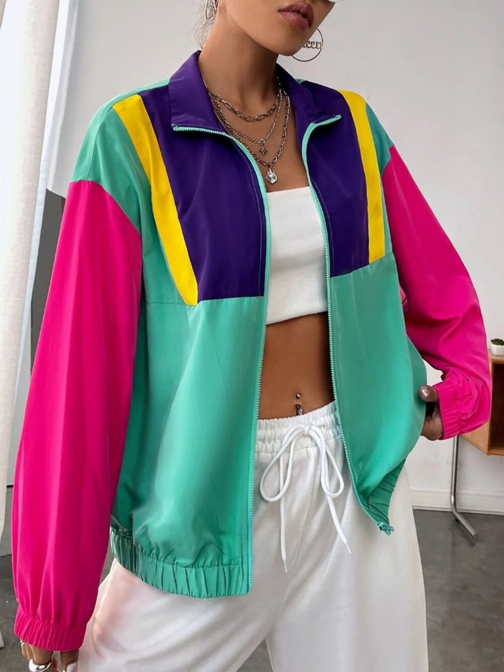 Casual Retro Colorblock Retro 90s Y2K Windbreaker Bomber Track Jacket